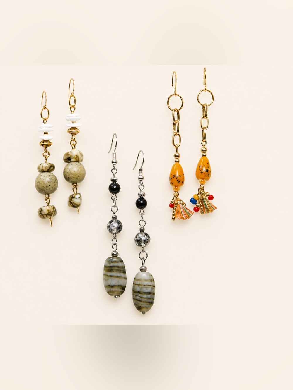 Set of Handcrafted long Gemstone Art Glass Beaded Dangle Drop Earrings 2 inch
